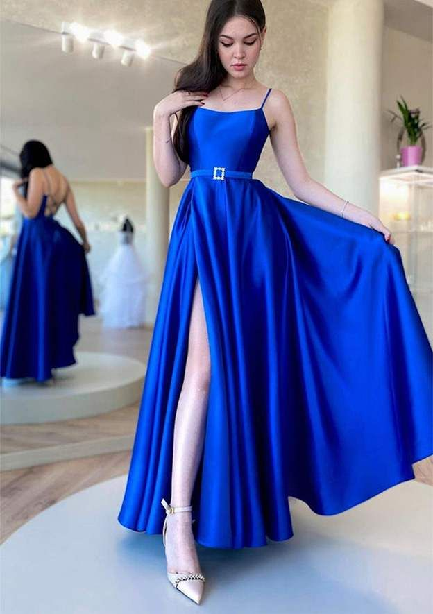 Ankle-Length Satin Prom Dress/Evening Dress with A-Line Square Neckline and Spaghetti Straps Waistband Y6219 - VelvetHem