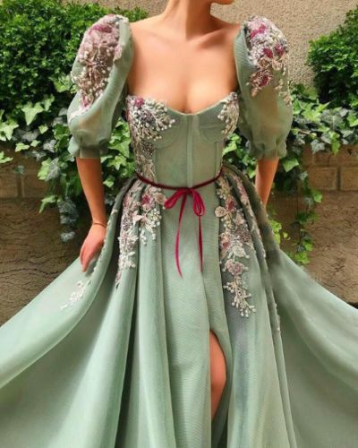 Elegant Mint Green Puff Sleeve Evening Dress with Slit  C511