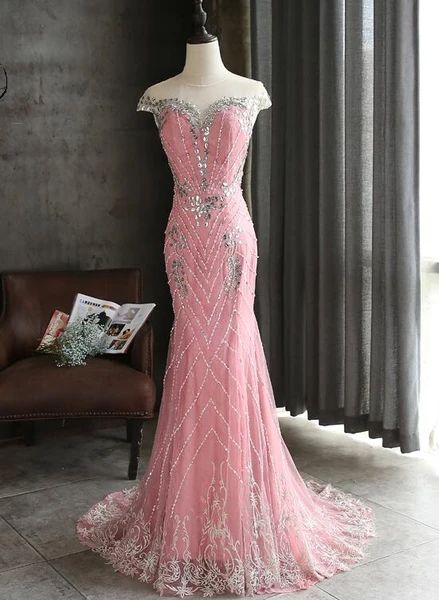 Pink Lace Mermaid Sequins with Lace Applique Party Dress, Pink Long Prom Dress Party Dress  C538