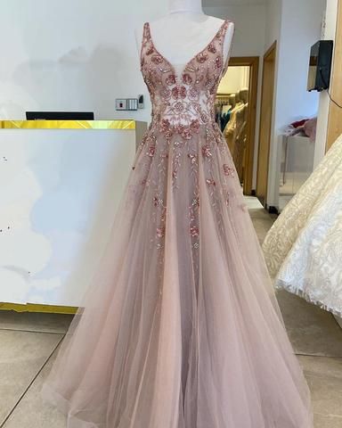 Nude Tulle Prom Dresses V Neck Beaded C517