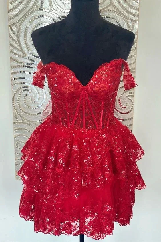 Red Off the Shoulder Sheer Corset Tiered Ruffles Homecoming Dress (ZD11845)
