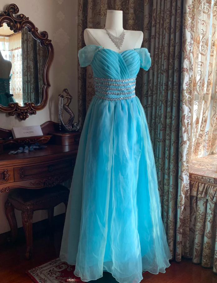 Cute Off The Shoulder Blue Tulle Beaded A Line Princess Party Dress Long Evening Gown