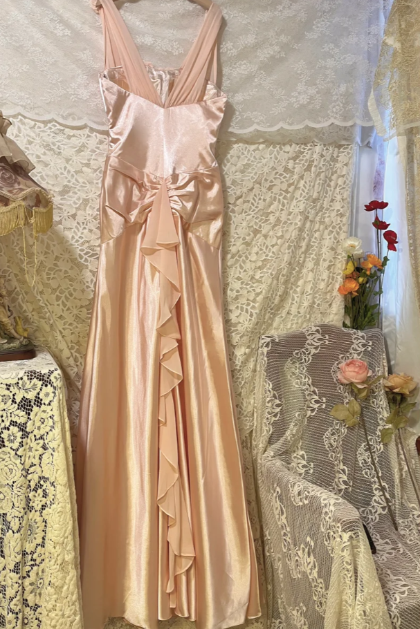 Pretty Pink V-Neck Satin Mermaid Long Wedding Guest Dress Formal Birthday Prom Dress Party Gown - View 6 | FashionDia