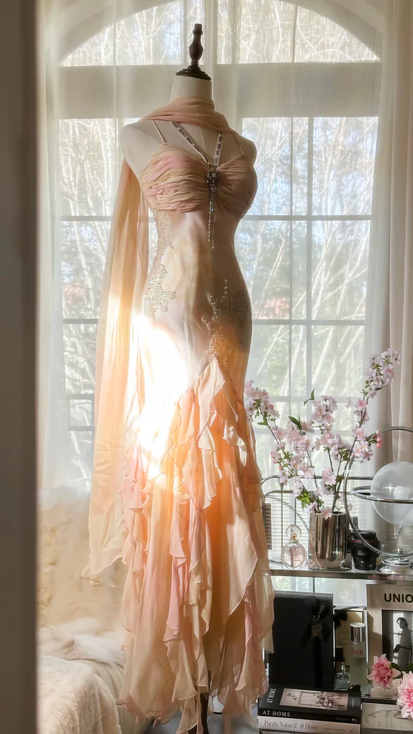 Charming Mermaid Beaded Ruffles Prom Dress,Chiffon Evening Dress