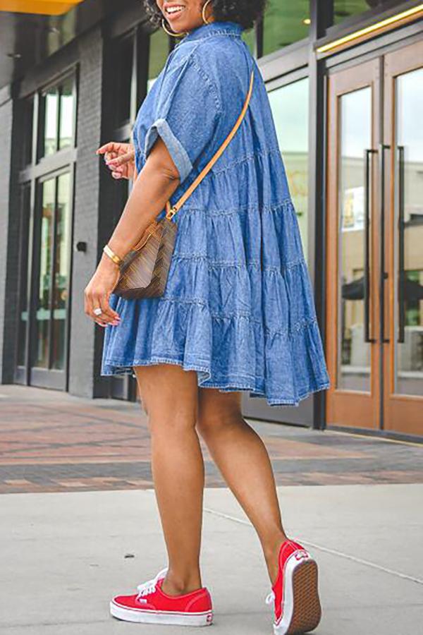 Denim Shirt Collar Short Sleeve Button Down Dress - Fashionpara