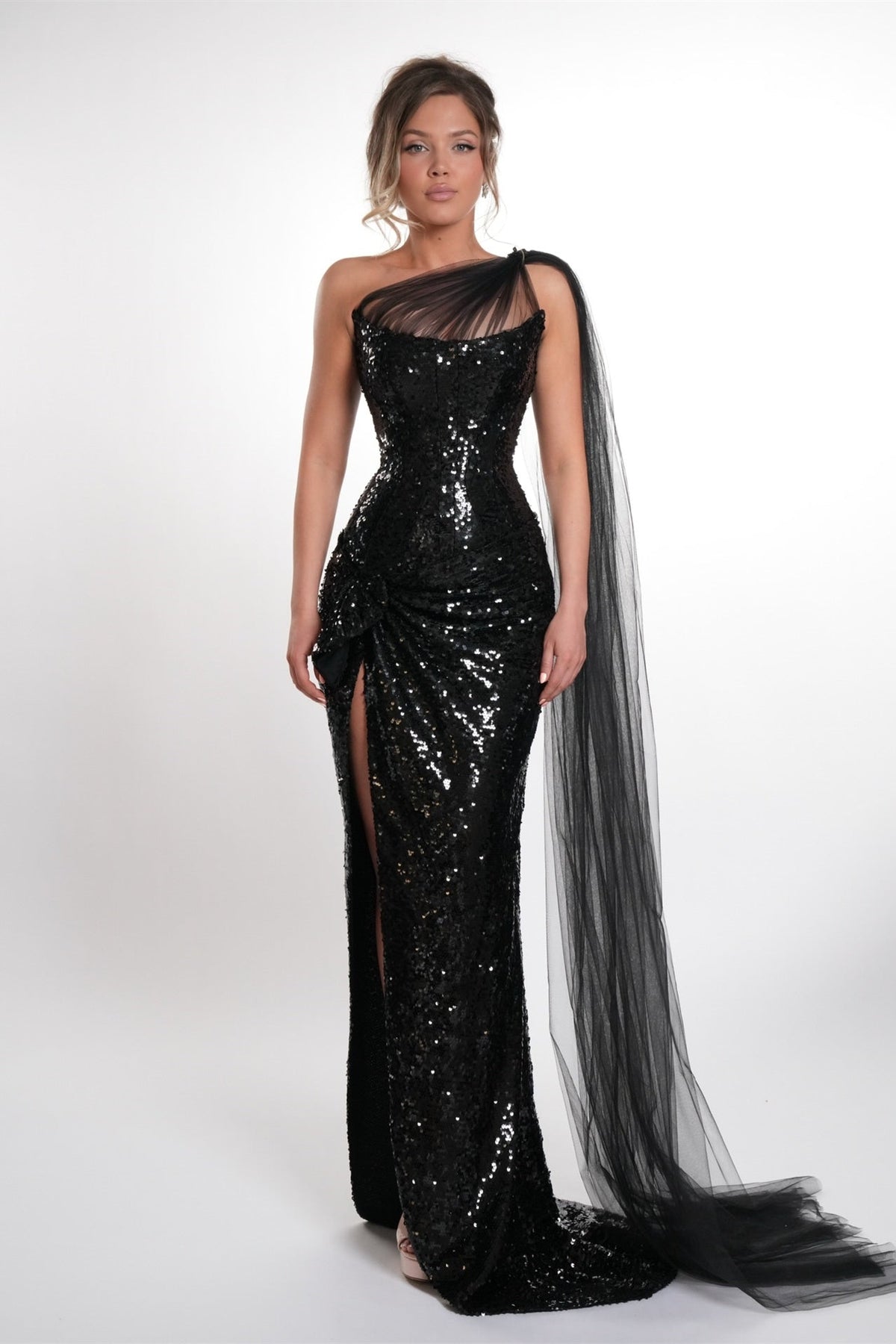 Elegant Black One-Shoulder Sleeveless Sequins Mermaid Prom Dresses High Split With Lace-Up Back