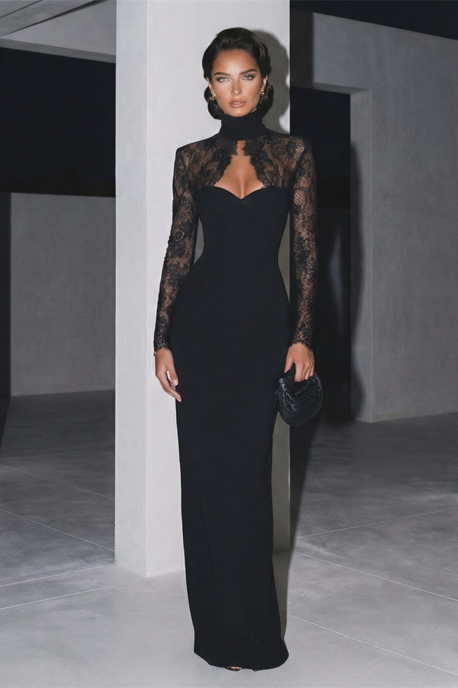 Graceful Black Sweetheart High Collar Long Sleeves Satin Lace Prom Dresses Mermaid Column With Zipper