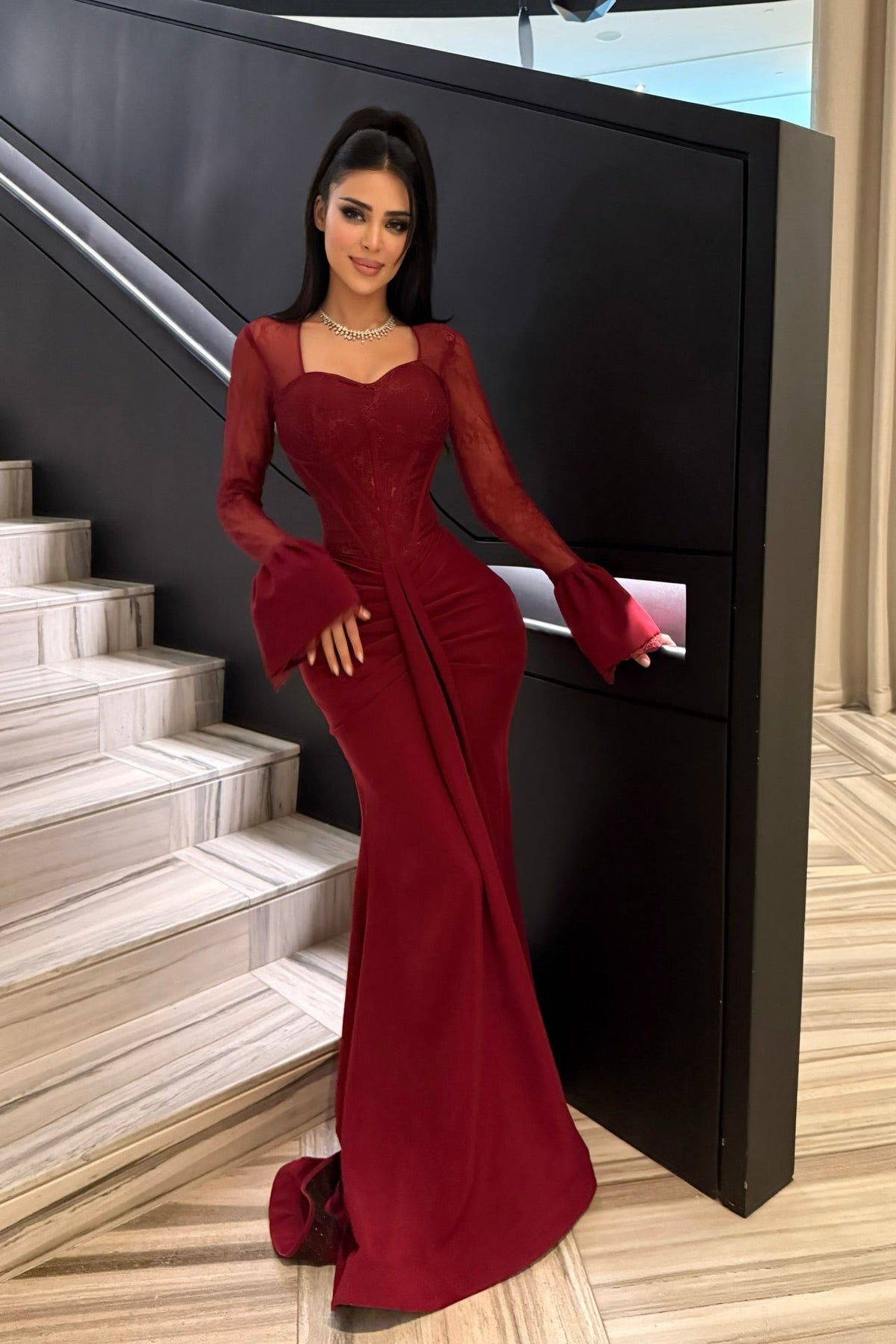 Timeless burgundy Sweetheart Long Sleeves Satin Lace Prom Dresses Mermaid With Pleats