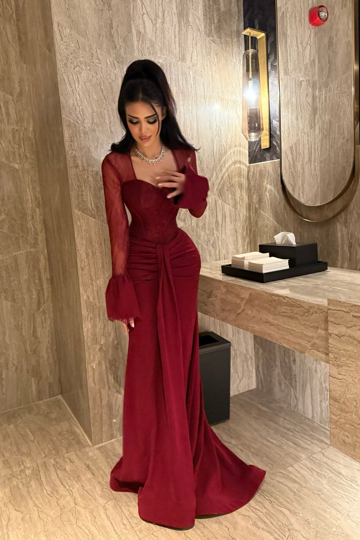Timeless burgundy Sweetheart Long Sleeves Satin Lace Prom Dresses Mermaid With Pleats