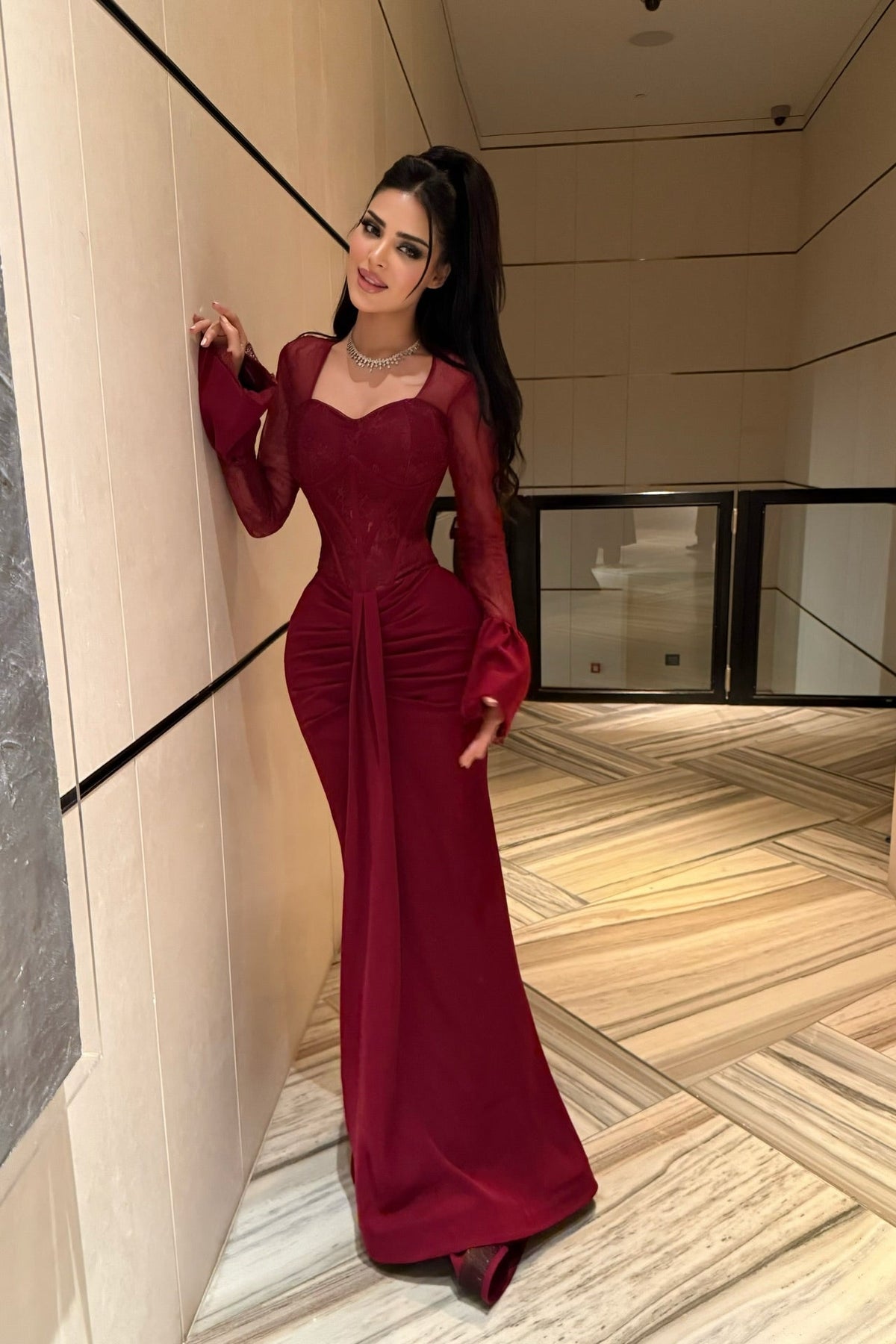 Timeless burgundy Sweetheart Long Sleeves Satin Lace Prom Dresses Mermaid With Pleats