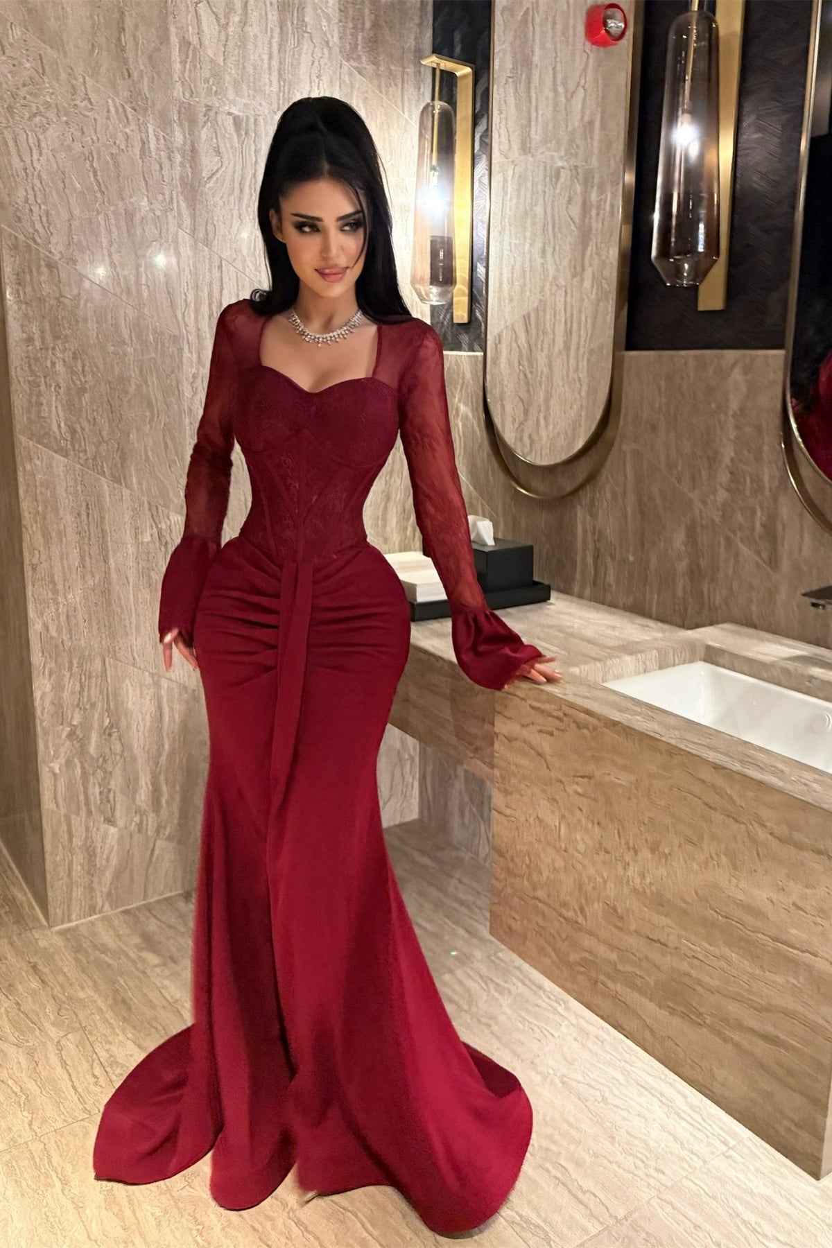 Timeless burgundy Sweetheart Long Sleeves Satin Lace Prom Dresses Mermaid With Pleats