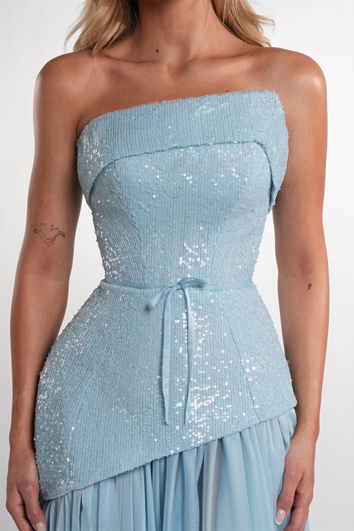 Charming Dusty Blue Strapless Sleeveless Chiffon Sequins Prom Dresses Long With Lace-Up Back