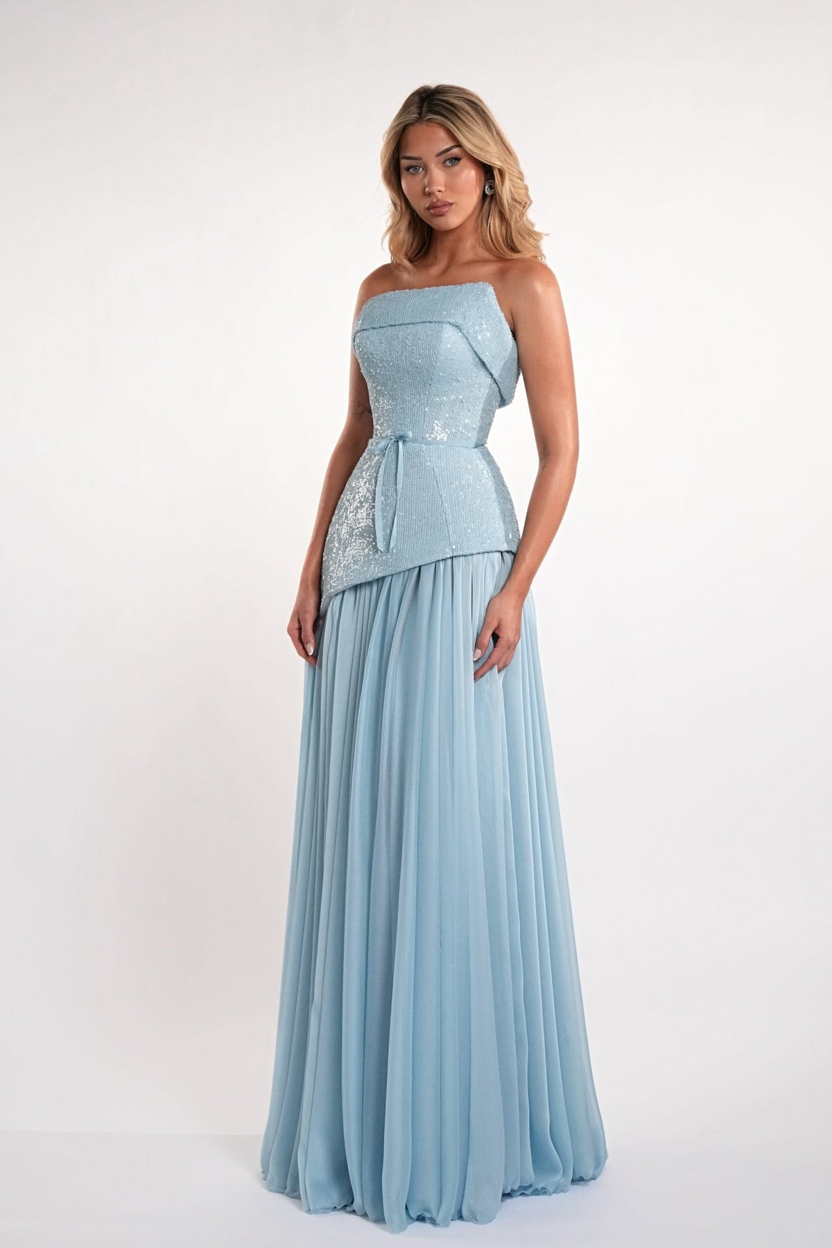 Charming Dusty Blue Strapless Sleeveless Chiffon Sequins Prom Dresses Long With Lace-Up Back