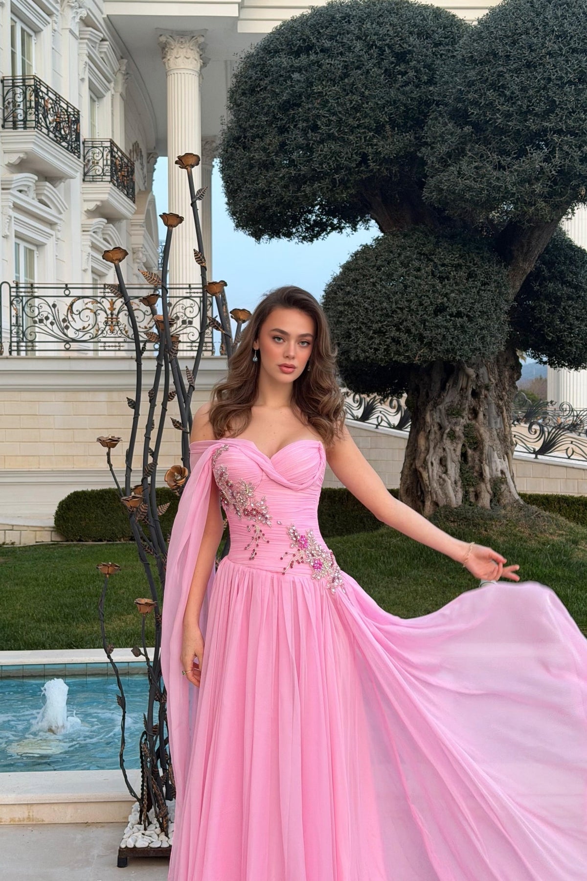 Timeless Pink One-Shoulder Sweetheart Chiffon Prom Dresses Gem With Lace-Up Back