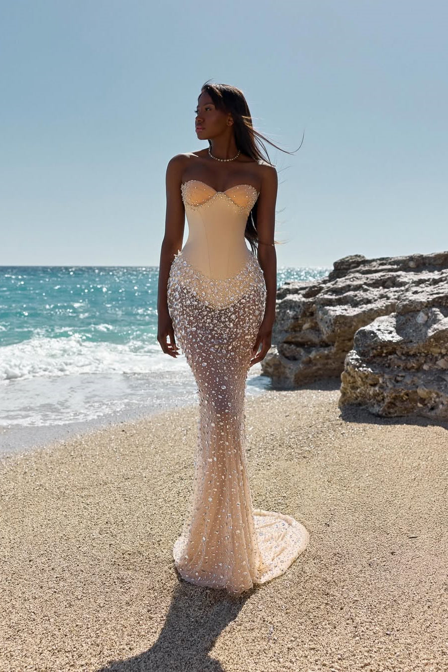 Sparkling Sweetheart Strapless Sleeveless Mermaid Prom Dresses Gem With Lace-Up Back