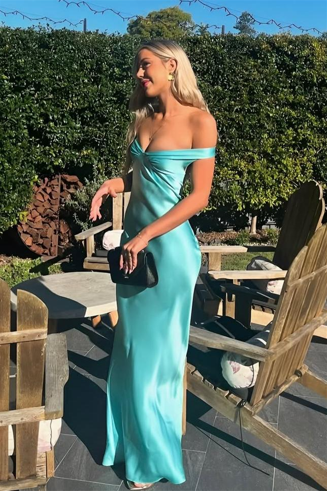 Charming Off-the-Shoulder Sweetheart Satin Prom Dresses Sheath With Pleats