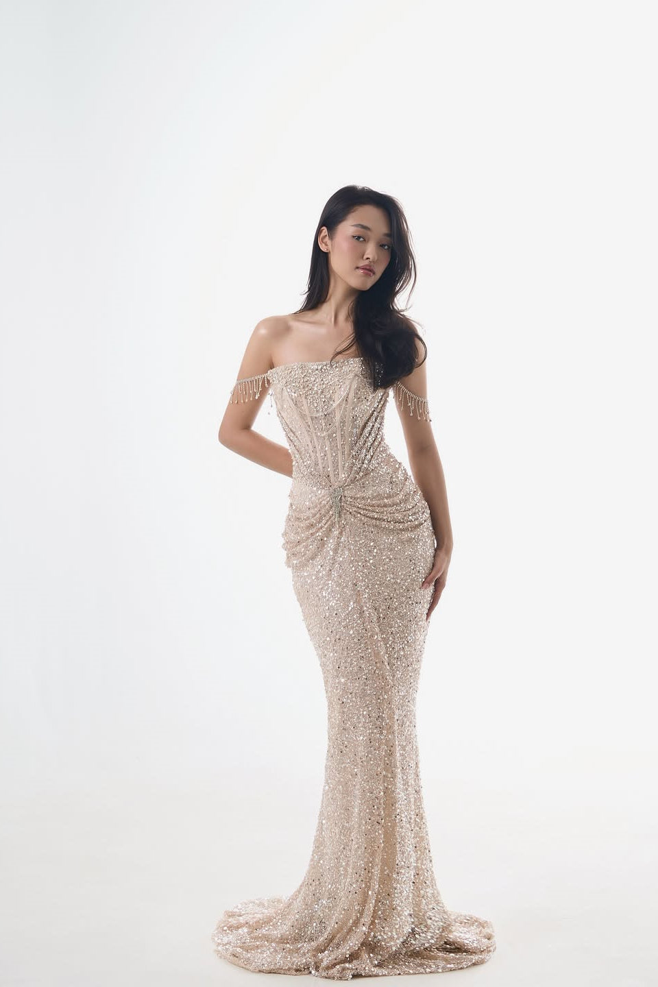 Glamorous Champagne Off-the-Shoulder Sequins Prom Dresses Mermaid Gem With Pleats