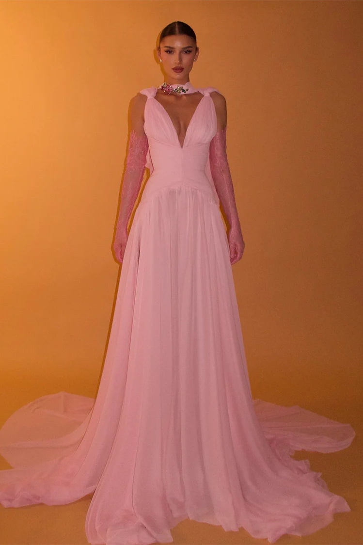 Romantic Pink V-Neck Sleeveless Chiffon Prom Dresses Floor-Length With Pleats
