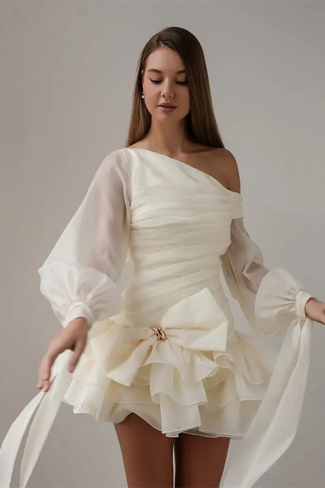 Elegant Long Sleeves Chiffon Homecoming Dresses Mini With Ruffles