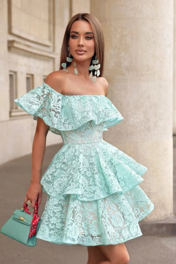 Graceful Off-the-Shoulder Lace Homecoming Dresses Mini With Ruffles