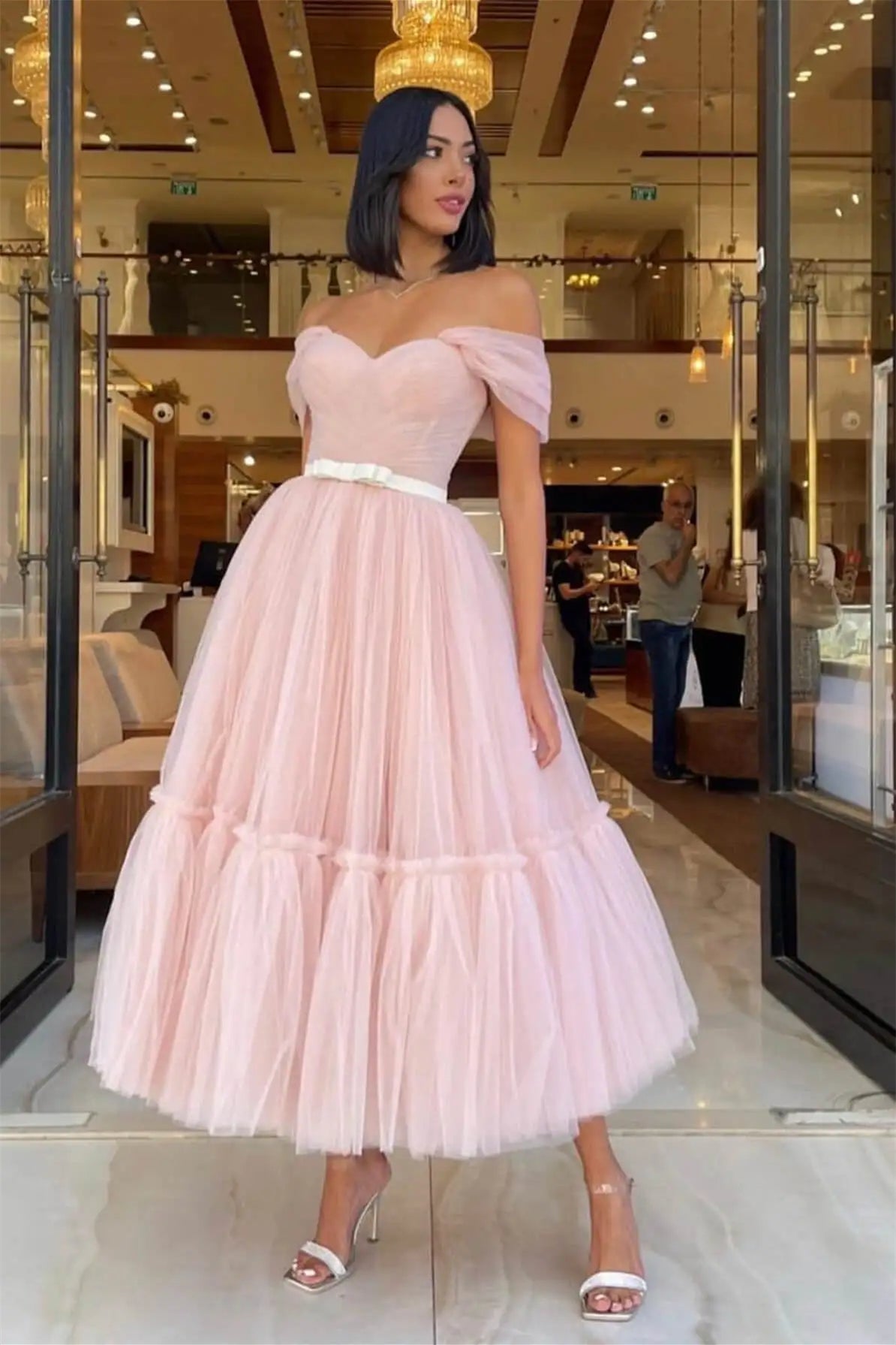 Pretty Pink Sweetheart Off-the-Shoulder Tulle Prom Dresses Ankle Length With Pleats