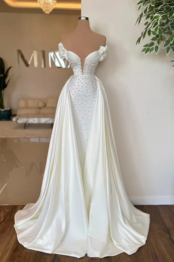 Elegant Off-the-Shoulder Sweetheart Satin Prom Dresses Floor-Length With Pearl