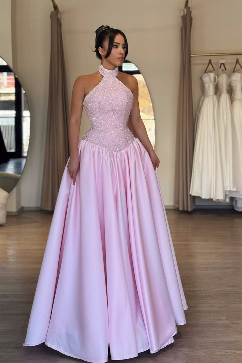 Chic Pink Halter Sleeveless Satin Prom Dresses A-Line Sequins With Pleats