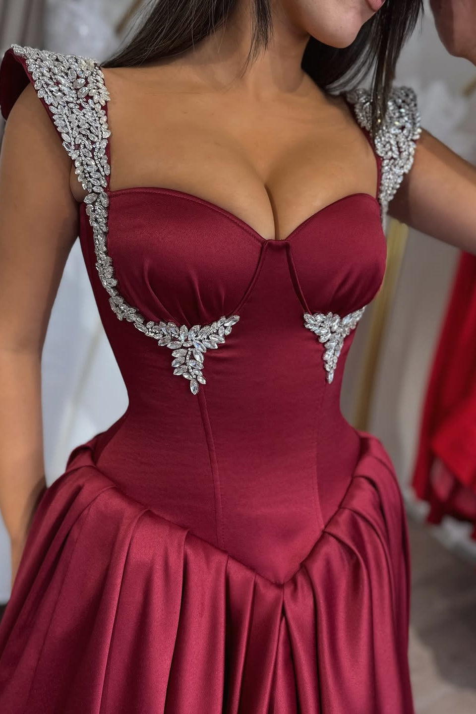 Dazzling Burgundy Sweetheart Straps Sleeveless Satin Prom Dresses A-Line Gem With Pleats