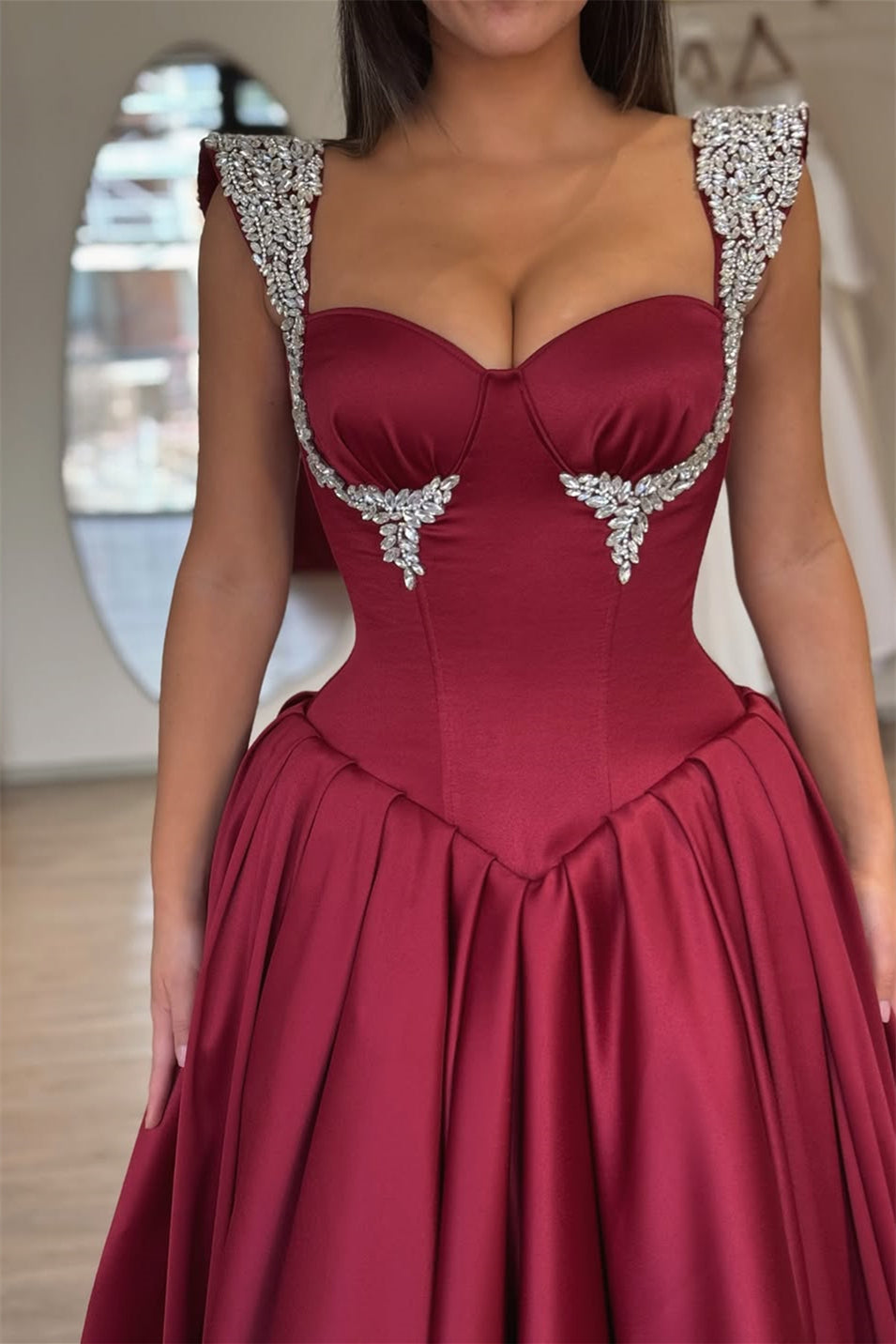 Dazzling Burgundy Sweetheart Straps Sleeveless Satin Prom Dresses A-Line Gem With Pleats
