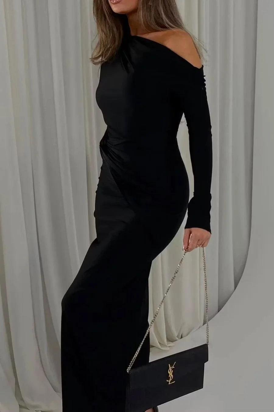Romantic Black Long Sleeves Mermaid Prom Dresses Sheath With Pleats