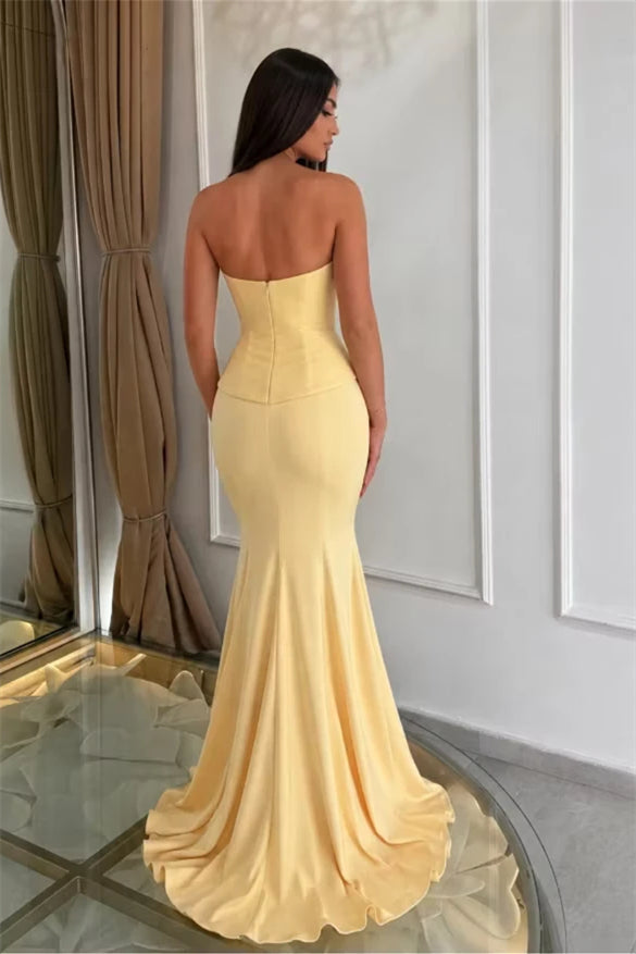 Dazzling Yellow Strapless Sleeveless Satin Mermaid Prom Dresses Column With Zipper