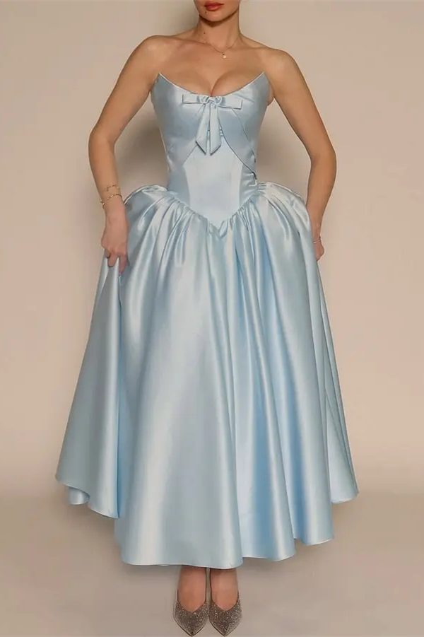 Graceful Sky Blue Strapless Sleeveless Satin Prom Dresses Ankle Length Pocket With Lace-Up Back