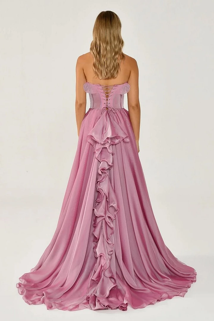 Charming Strapless Sleeveless A-Line Prom Dresses High Split With Lace-Up Back