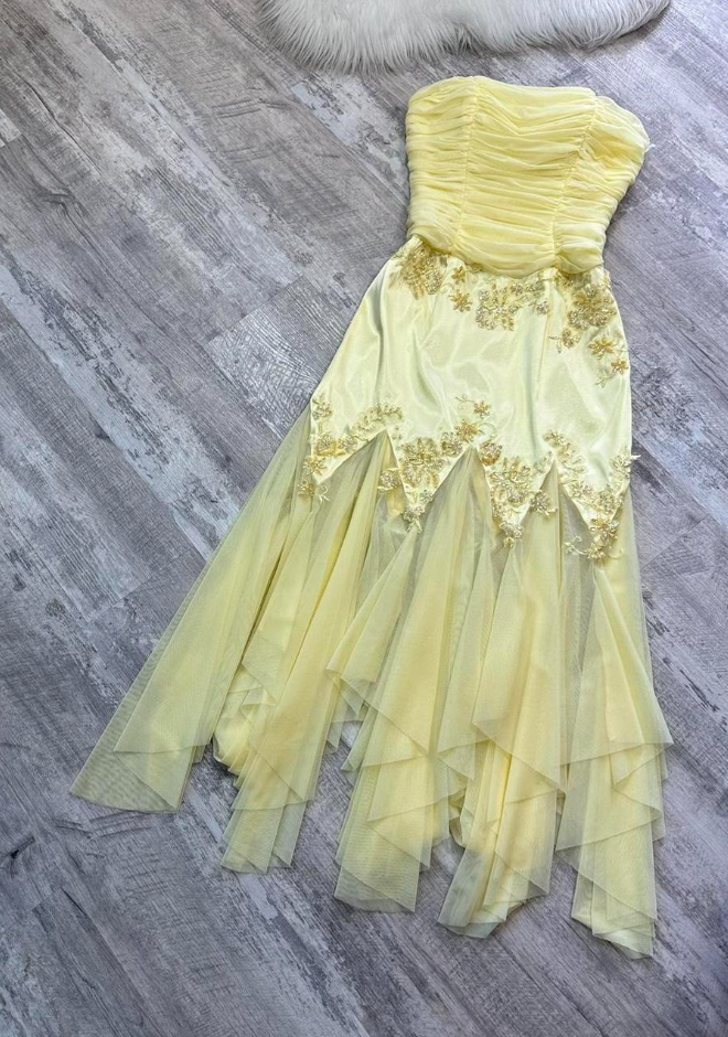 Elegant Strapless Yellow Chiffon Satin Beaded Mermaid Evening Dress Birthday Party Dress