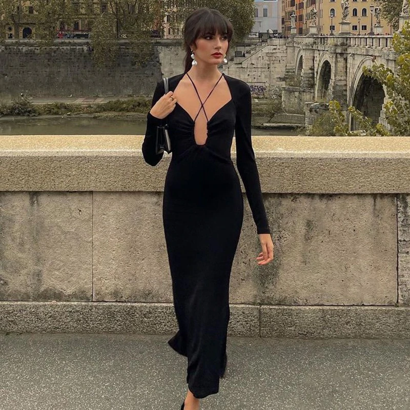 Long Sleeve Halter Maxi Dress For Women Elegant Outfits Club Party Sexy Backless Prom Dresses