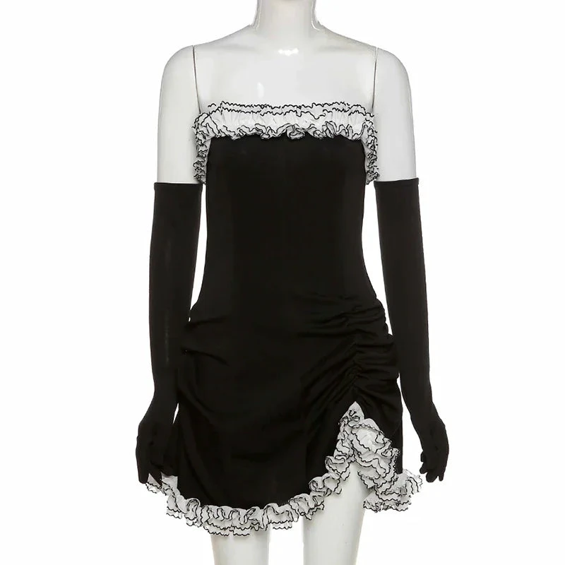 Black Party Tube Skirt Irregular White Ruffle Bandage Dress Black Homecoming Dress (ZD11947)