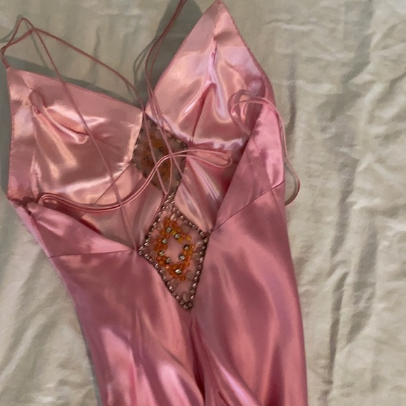 Gorgeous Pink Spaghetti Straps Satin Beaded Evening Dress Long Prom Dress Y8216 - View 3 | VelvetHem