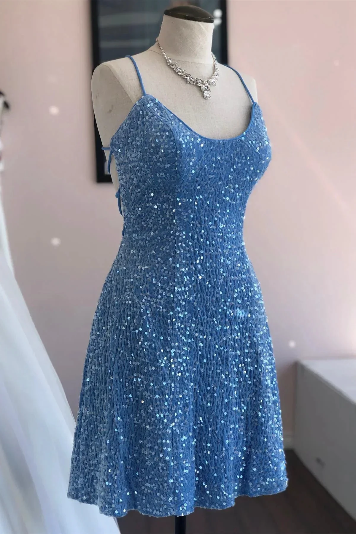 Blue Sheath Sequins Lace-Up Mini Homecoming Dress (ZD11749)