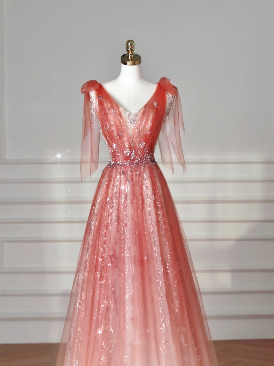 Elegant V Neck Tulle Sequins Prom Dress Strawberry Pink A Line Long Evening Dress Y8614 - View 3 | VelvetHem