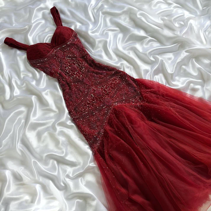 Gorgeous Red V NecK Tulle Sequin Beaded Mermaid Long Evening Dress Formal Birthday Party Dress