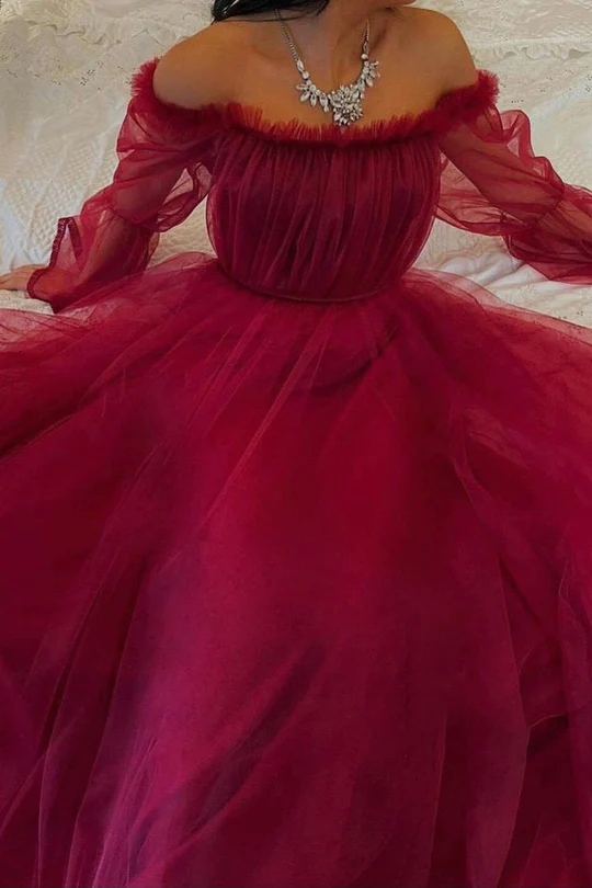 Burgundy Tulle Evening Dress With Long Sleeves Y503 - View 5 | VelvetHem