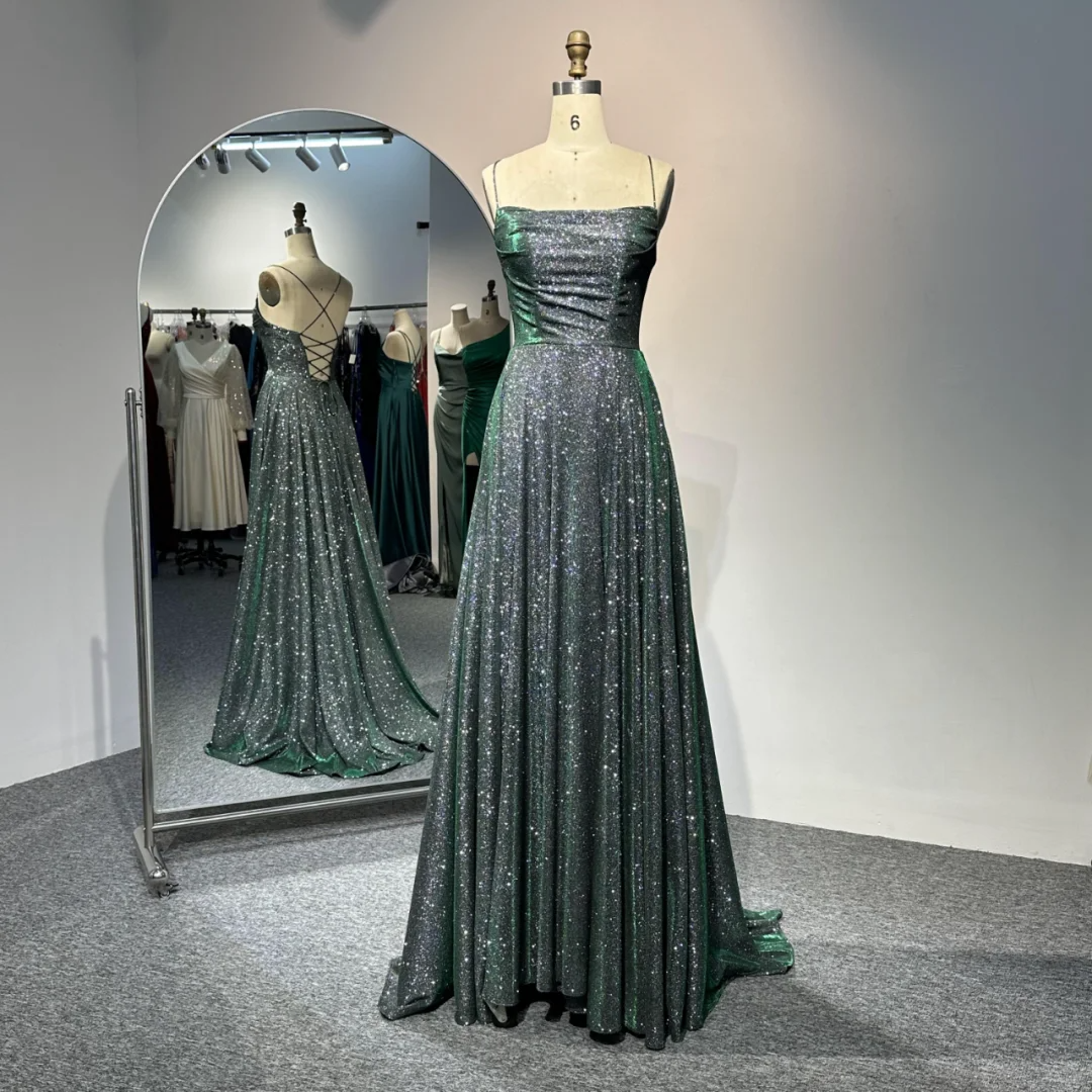 Unique Green Spaghetti Straps Satin Sequin Long Wedding Guest Dress Formal Birthday Prom Dress Evening Gown