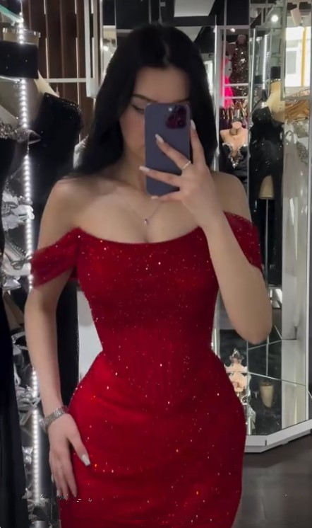 Shiny Off Shoulder Sequins Red Prom Dress Evening Dress With Side Slit Y7805 - View 3 | VelvetHem