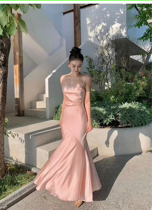 Elegant Straps Pink Satin Mermaid Evening Dress Formal Prom Dress
