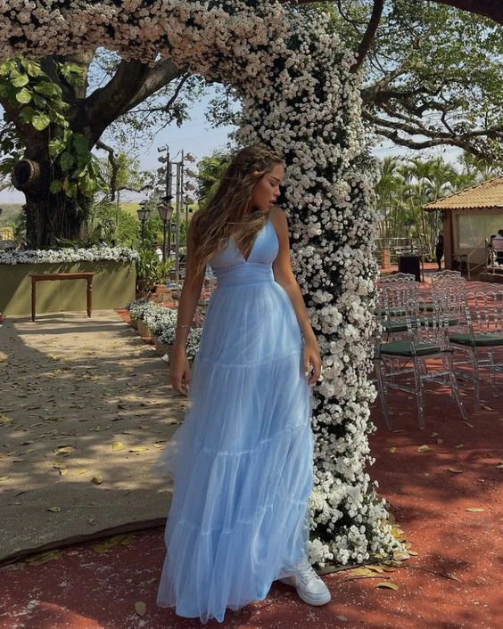 Simple Blue V Neck Tulle Party Prom Dress