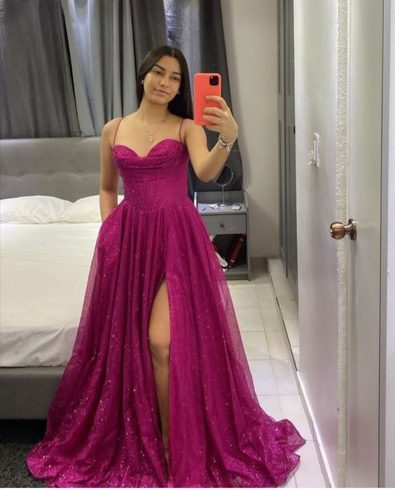 Fuchsia Corset Glitter A-line Evening Gown A-line Evening Dress Y6001 - View 2 | VelvetHem