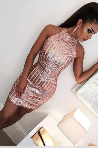 Sexy Rose Gold Jewel Sheath Mini Short Dresses Homecoming Dress Cocktail Dress - View 2 | FashionDia