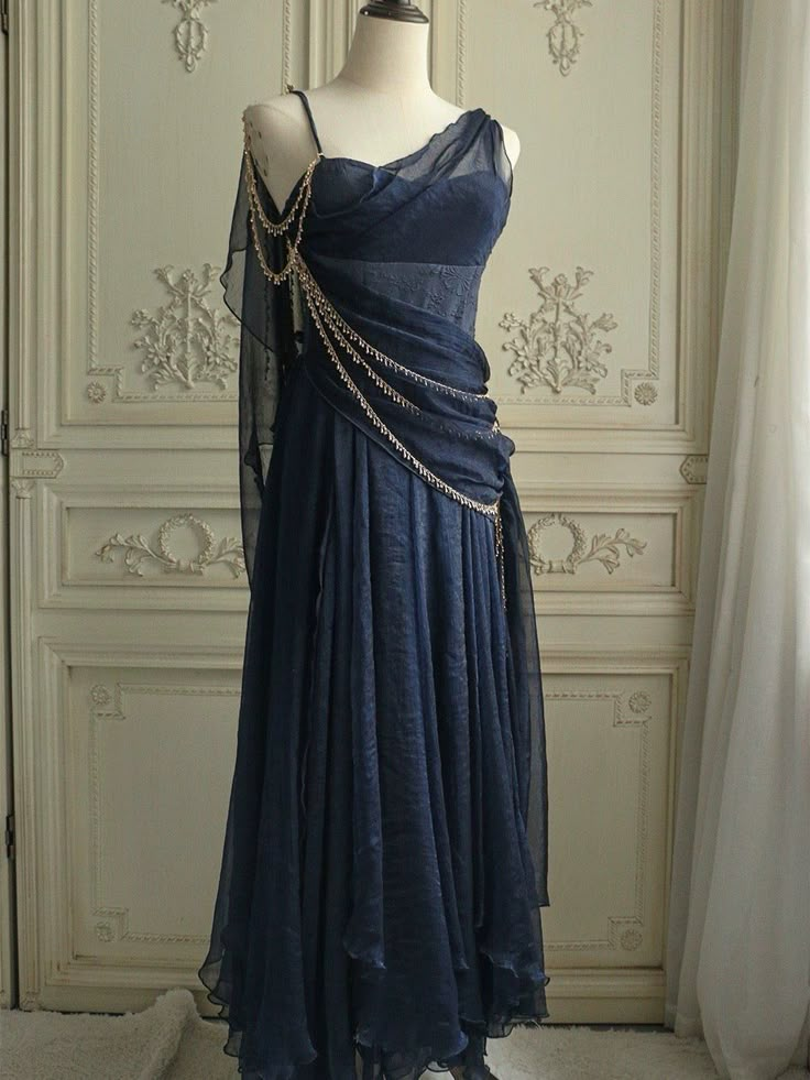 Unique Navy Blue Chiffon Party Dress,A Line Evening Dress