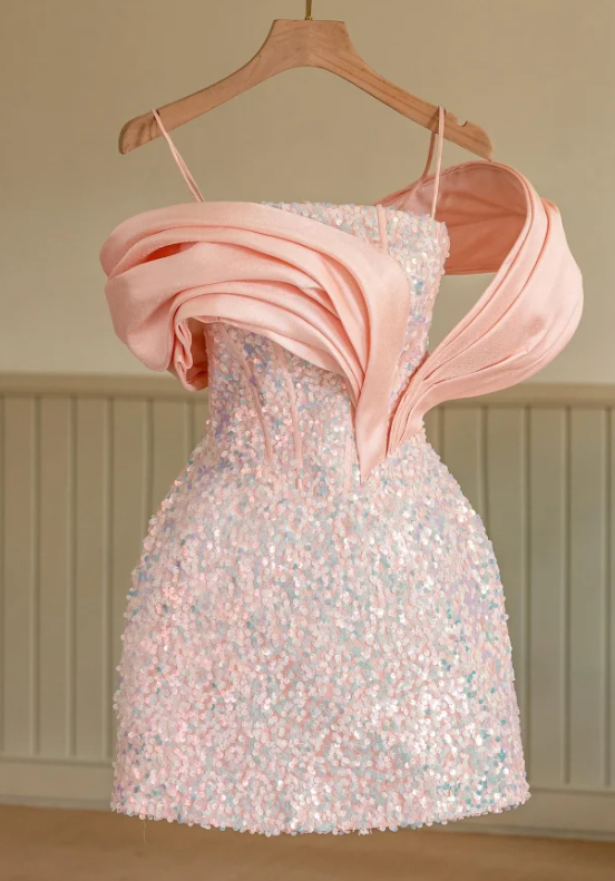 Cute Pink Sequin Off The Shoulder Short Homecoming Dress Formal Birthday Outfits