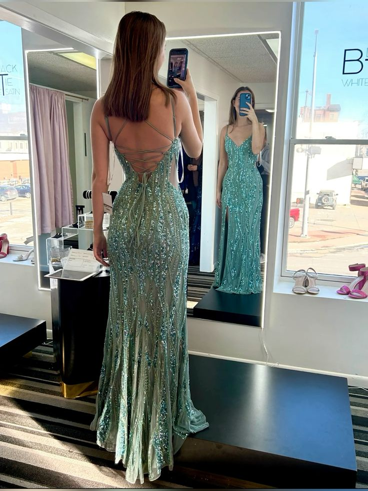 Gorgeous Green Spaghetti Straps Tulle Sequins Evening Gown Slit Prom Dress Y7919 - View 3 | VelvetHem